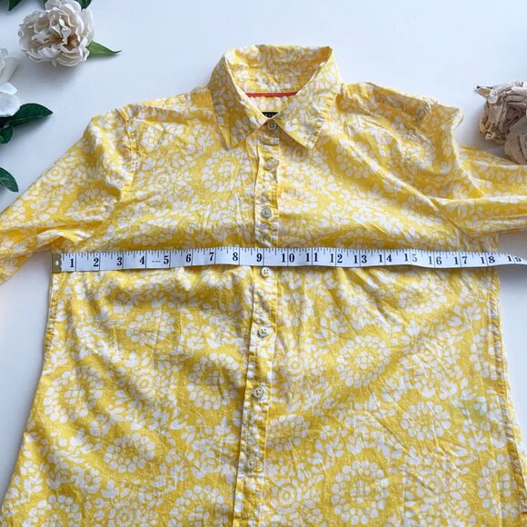 TALBOTS  Petites Yellow and White Flora Cotton Roll Tab Sleeve Summer Shirt - Picture 7 of 16